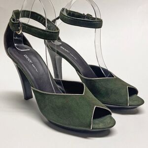 DKNY Green Suede D'Orsay Heels Size 10 Ankle Strap Peep Toe Metallic Trim Italy